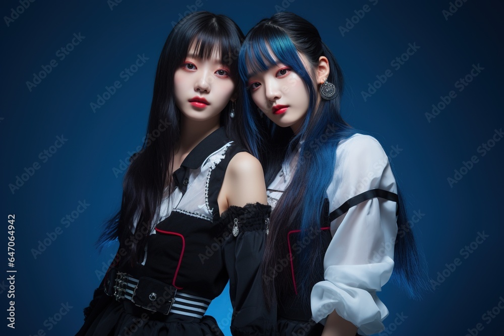 Portrait of two beautiful asian women in Fashion outfits on blue background Portrait of two beautiful asian women in Fashion outfits on blue background