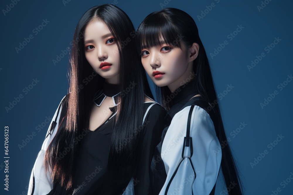 Portrait of two beautiful asian women in Fashion outfits on blue background Portrait of two beautiful asian women in Fashion outfits on blue background