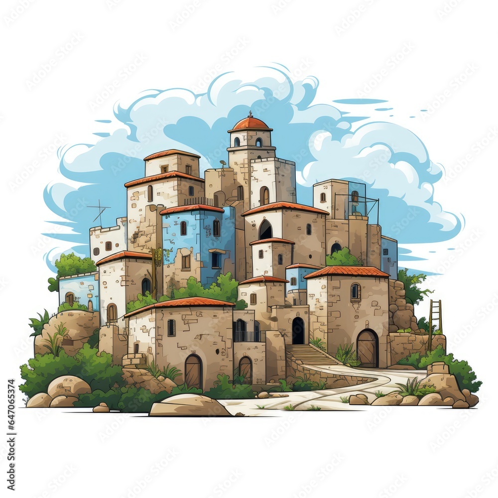 Cute Ancient Town with Cartoon Style isolated on a white background Cute Ancient Town with Cartoon Style isolated on a white background