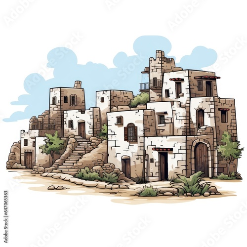 Cute Ancient Town with Cartoon Style isolated on a white background