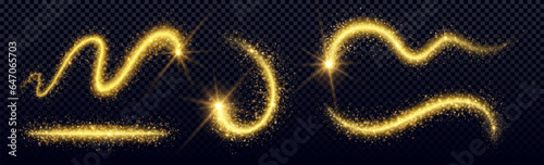Magic gold glitter dust with star sparkle vector trail effect. Golden fairy shine light and stardust abstract swirl texture. Shiny luxury yellow tail with bright particle spray. Comet falling twirl