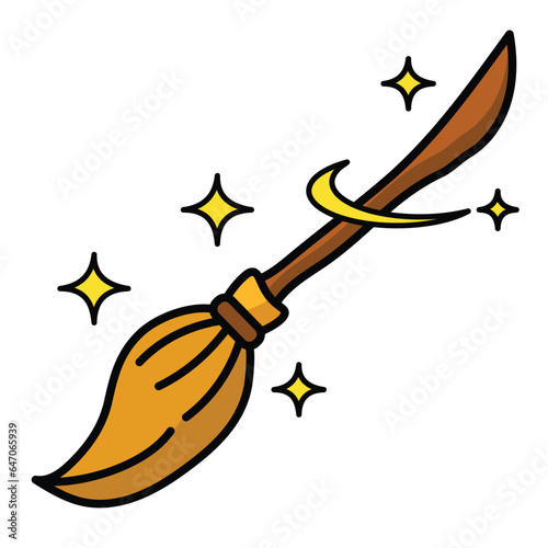 Witch's broom Vector illustration. Witchcraft attribute concept. Halloween decorative element.