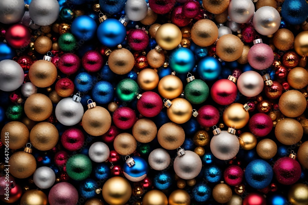 A collage of round Christmas bulbs or balls of various colors.