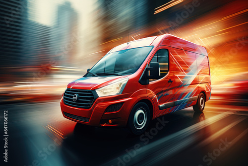 Delivery van on abstract fast motion blur background.