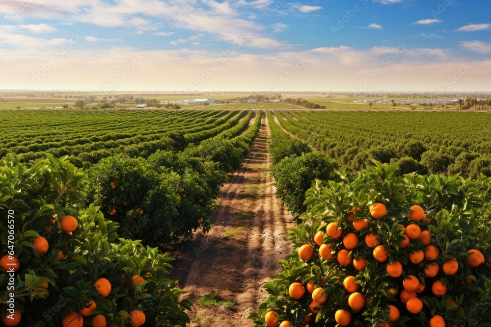 Generative ai of orange grove and lush orange trees. Thick and dense, stretching to the horizon. - obrazy, fototapety, plakaty 