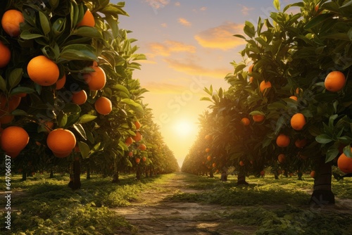 Generative ai of orange grove and lush orange trees. Thick and dense, stretching to the horizon.