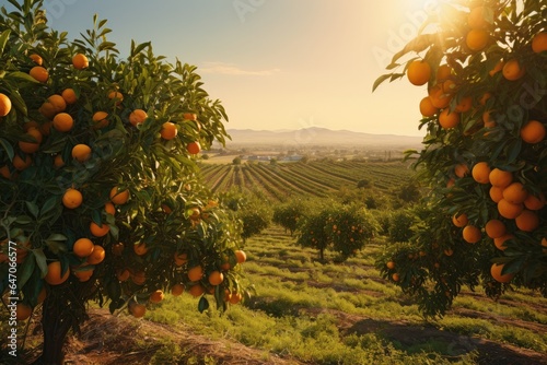 Generative ai of orange grove and lush orange trees. Thick and dense, stretching to the horizon.