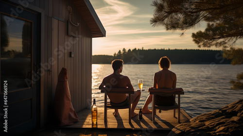 Two people sitting outside a sauna holding a glass of beer at sunset
