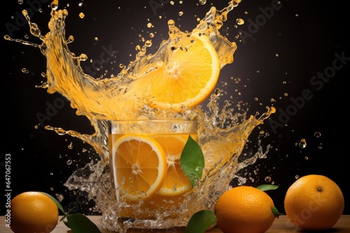 Generative ai of orange juice that is poured into a glass and the water scatters indicates freshness.