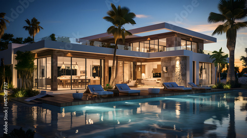 Exterior of amazing modern minimalist cubic villa with large swimming pool among palm trees © master graphics 