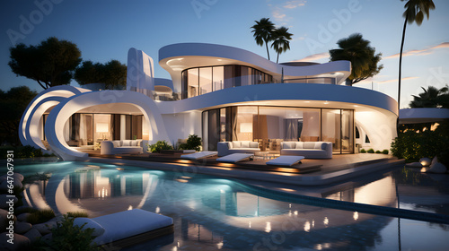 Exterior of modern minimalist white villa with swimming pool. Rich house with round shapes