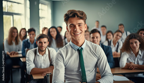 Junger mann steht vor einer Klasse von Studenten