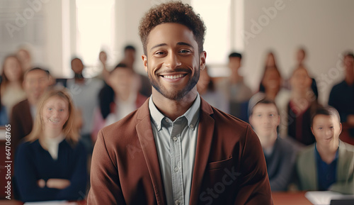 Junger mann steht vor einer Klasse von Studenten photo