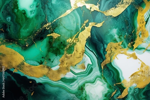Abstract marble marbled ink painted painting texture. Green with white and gold