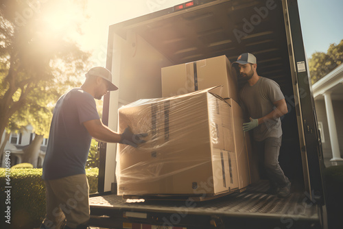 adults man movers carrying furniture and cardboard boxes from truck on street photo