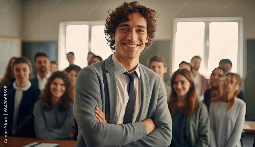 Junger mann steht vor einer Klasse von Studenten Junger mann steht vor einer Klasse von Studenten