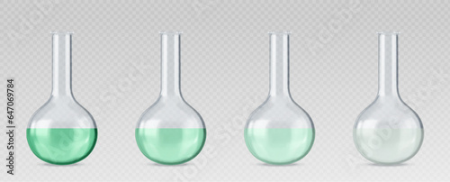 Chemistry measuring glass beakers filled with liquid from green to transparent color. Realistic set process of discoloration and purification in round laboratory flask. Science test tube and glassware photo