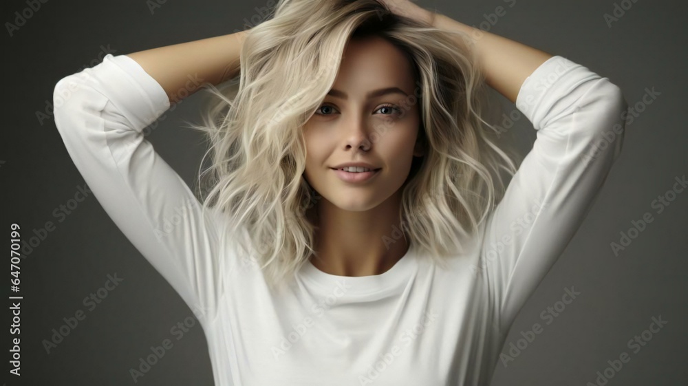 A stylish blonde model strikes a pose with elegance and confidence, perfect makeup and vogue inspired look of beauty and fashion. cheerful woman fresh and attractive appearance showcases beauty. A stylish blonde model strikes a pose with elegance and confidence, perfect makeup and vogue inspired look of beauty and fashion. cheerful woman fresh and attractive appearance showcases beauty.