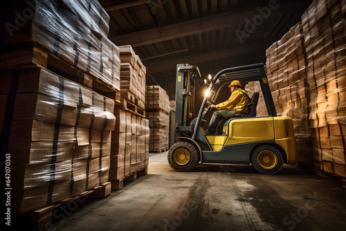 Man driving a forklift transporting cardboard boxes, male warehouse worker transferring boxes full of merchandise. Warehouse and distrucution concept.