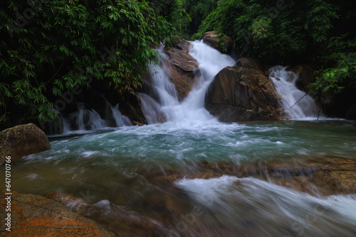Krating waterfall in the rainy season and refreshing greenery forest in the national park of Khao Khitchakut Chanthaburi province Thailand, for background wallpaper,