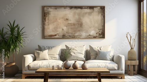  Grey sofa near beige stucco wall and big poster frame on it. Boho, rustic interior design of modern living room.p