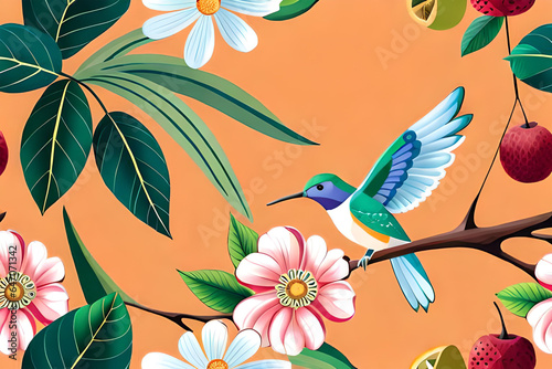 Hummingbird fabric pattern for making background images, birds on a branch  ai generate