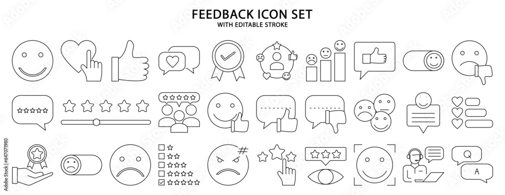 Feedback Icons. Set icon about feedback. Feedback line icons. Vector illustration. Editable stroke.