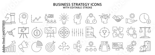 Business strategy icons. Set icon about business strategy. Business strategy line icons. Vector illustration. Editable stroke.