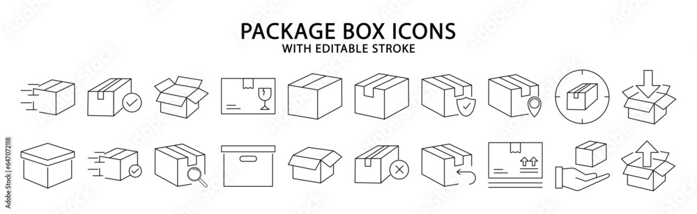Package box icons. Set icon about package box. Package box line icons. Vector illustration. Editable stroke. Package box icons. Set icon about package box. Package box line icons. Vector illustration. Editable stroke.
