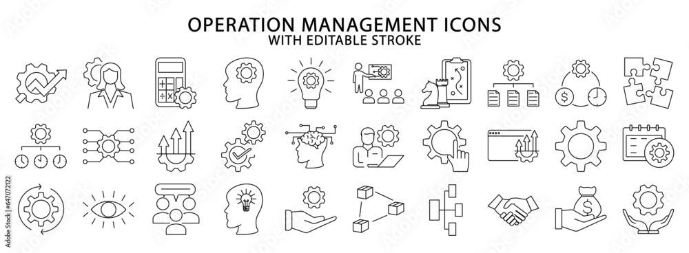 Operation Management icons. Set icon about operation management. Operation management line icons. Vector illustration. Editable stroke.