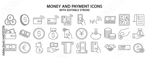 Money and payment icons. Set icon about money and payment. Money and payment line icons. Vector illustration. Editable stroke.