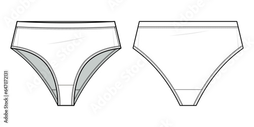 Classic high-rise panty technical fashion illustration. high-rise panty fashion flat technical drawing template. Elasticated waistband, women's Underwear. front, and back view. white. CAD mockup set.