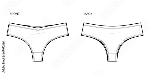 mid-rise thong technical fashion illustration. mid-rise thong fashion flat technical drawing template. Elasticated waistband, women's Underwear, panty. front, and back view. white. CAD mockup set.