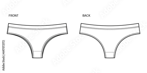 Low Rise Hipster Panty technical fashion illustration. Low Rise Panty fashion flat technical drawing template. Elasticated waistband, women's Underwear. front, and back view. CAD mockup set.