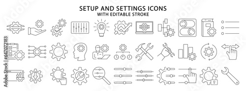 Setup And Setting icons. Set icon about setup and setting. Setup and setting line icons. Vector illustration. editable stroke.