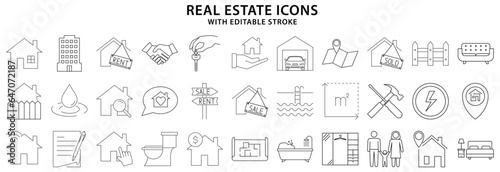 Real estate icons. Set icon about real estate. Real estate line icons. Vector illustration. Editable Stroke.