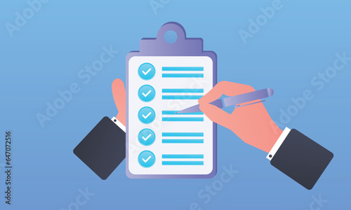 Hold hands and write checklist application form documents on clipboard.on blue background.Vector Design Illustration.