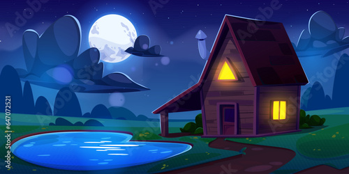 Wooden cabin on shore of lake at night. Cartoon evening landscape - wood house with light from windows, forest on horizon and sky with clouds and full moon. Peaceful chalet or cottage near water pond.