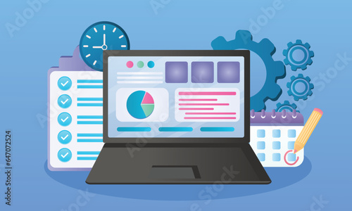 Wallpaper Mural laptop computer with business icons set.on blue background.Vector Design Illustration. Torontodigital.ca