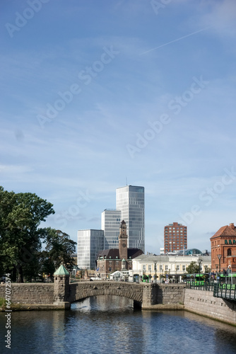 View of Malmö central station, city centre, the Petri bridge (Petribron) and high rise skyline 