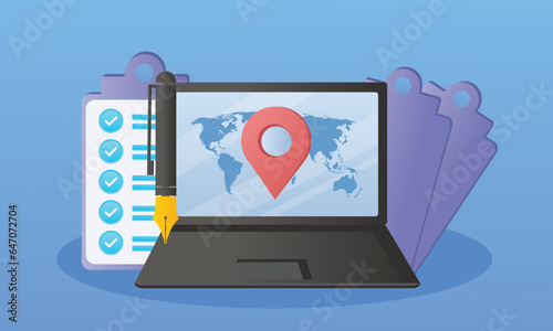 Visa application Clipboard with visa application form, passport, pen and laptop.on blue background.Vector Design Illustration.