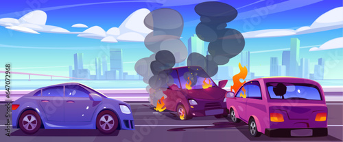 Car crash on highway against city background. Vector cartoon illustration of road accident with two smashed autos burning, fire and smoke above damaged hoods, modern cityscape across river, blue sky