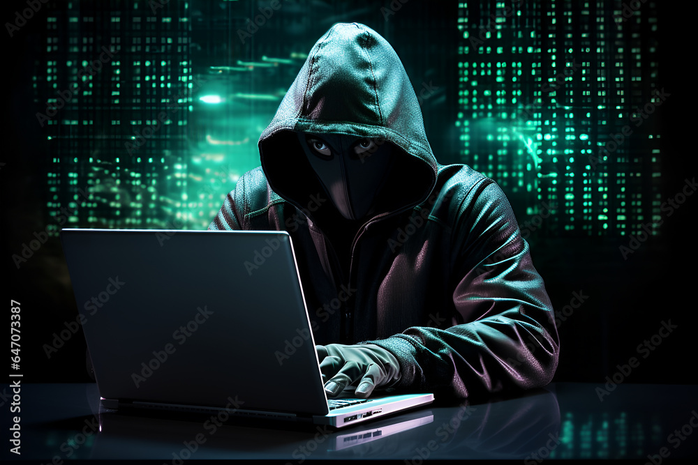 Masked Hacker Typing on Laptop in Dark Room