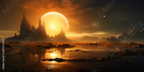 An Interstellar City With A Bright Sun Hanging It Background,,,,,,, alien world with multiple moons during twilight