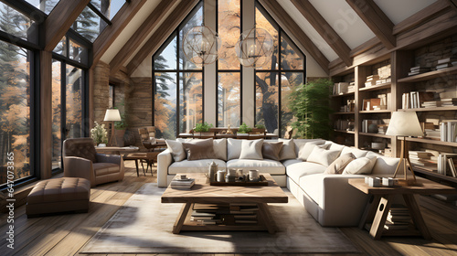 Interior design of modern living room in farmhouse with vaulted ceiling