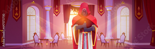 Warrior in castle dining room with table and royal chair. Medieval palace banquet hall cartoon background. Luxury victorian mansion ballroom for party furniture. Knight with sword plan insurgency