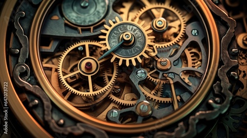 Inside a clock. Gears, cogs, watch mechanism. Mechanical metal machine. Industrial vintage parts. Engineering time.