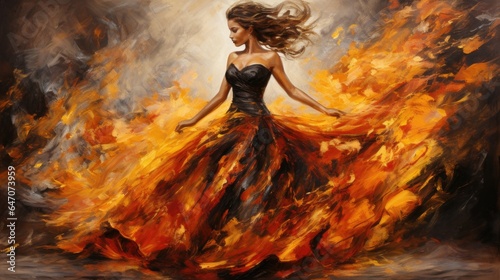 Abstract art of a woman dancing in a dress of flames. Colorful fire dancer. Ballet with swirling skirts.