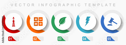 Fuel and energy icon set, miscellaneous icons such as oil and gas, calculator, leaf, bolt and auction, flat design vector infographic template, web buttons in 5 color options