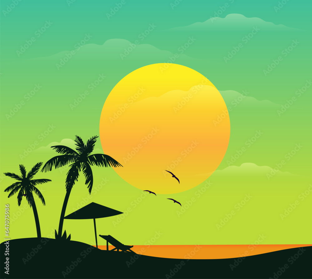 beautiful beach palm tree sunset sea view vector